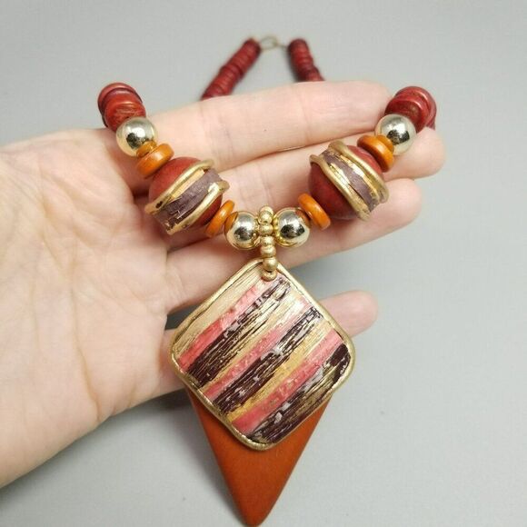 Vintage Funky Red Beaded Necklace with Bold Statement Pendant, Retro Estate - Picture 1 of 8